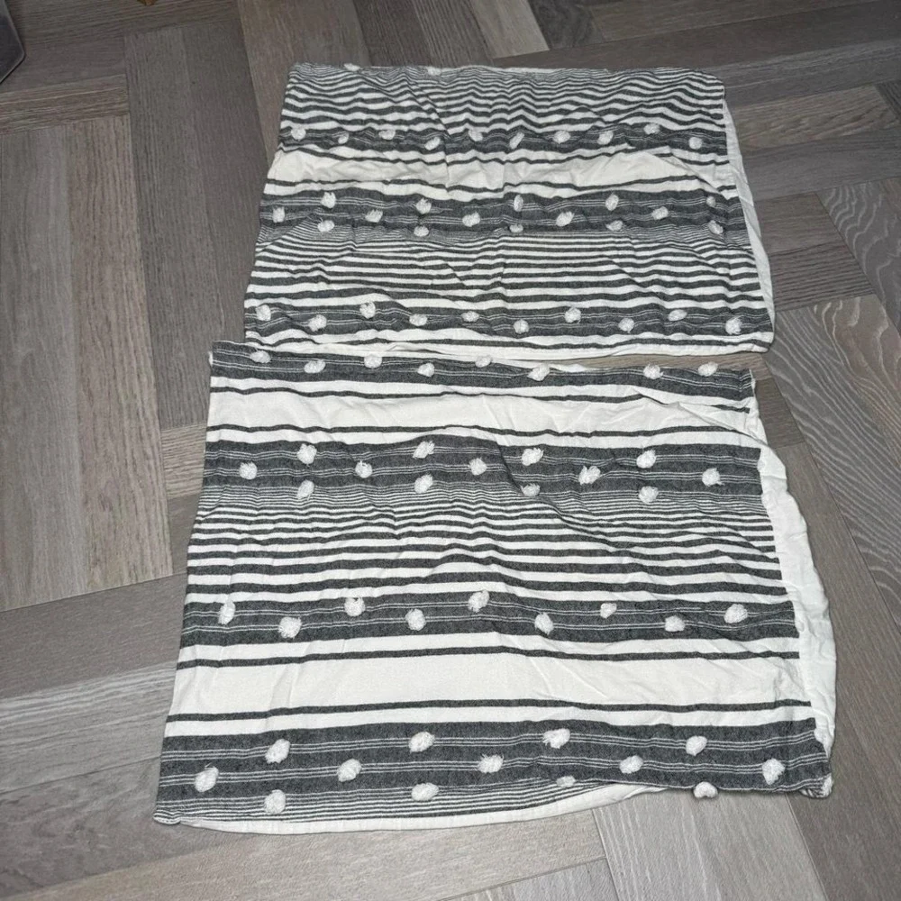 Set of 2 Striped Tufted Pom Pom Pillow Shams‎ Charcoal White Boho Farmhouse